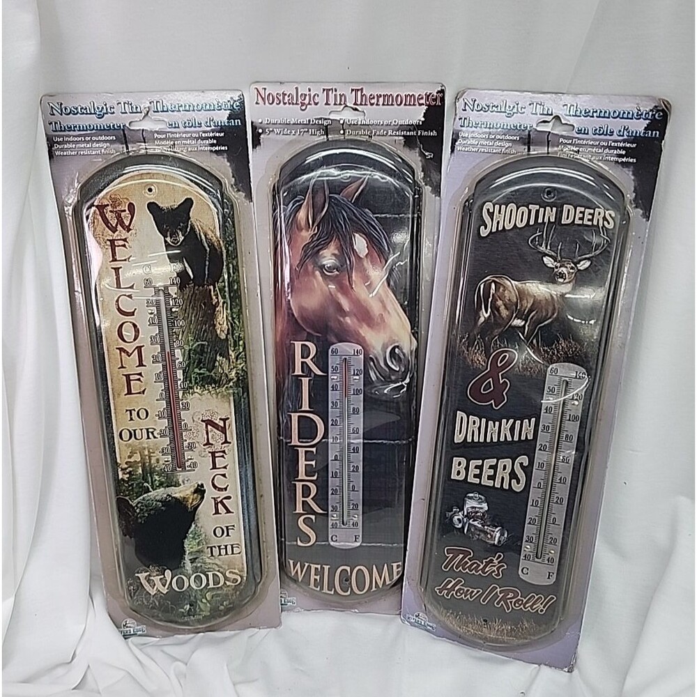 Nostalgic Tin Thermometers Lot Of 3 In Original Packaging Bear Horse Deer